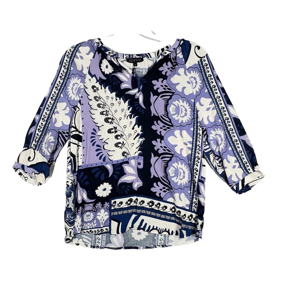 Rose & Thyme Shirt Womens Medium Purple Black Floral Blouse Artsy Art‎ to Wear